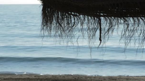 稻草沙滩伞 海浪在阳光明媚的早晨在岸边折断 — 图库视频影像