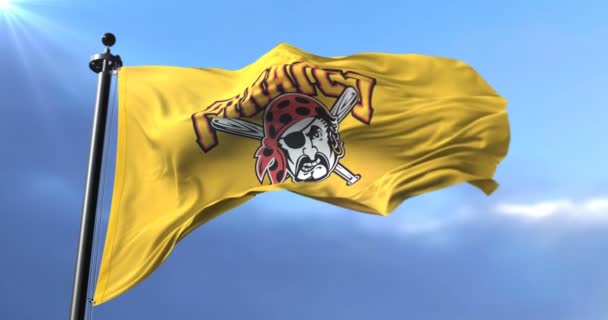 風に手を振って アメリカのプロ野球チーム ピッツバーグの海賊のチーム旗 ループ — ストック動画