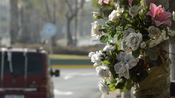 Flores Una Farola Memoria Muerto Accidente Tráfico — Vídeo de stock