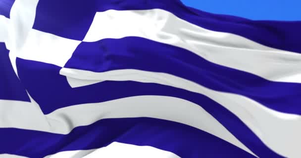 Греческий Флаг Машущий Ветер Голубым Небом Петля — стоковое видео