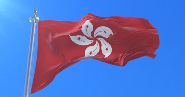 Hong Kong Bayrağı Mavi Gökyüzü Ile Rüzgar Sallıyor Döngü — Stok video