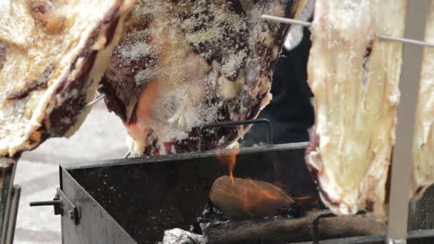 Cozinhar Alimentos Costelas Carne Fogo Gaúcho — Vídeo de Stock