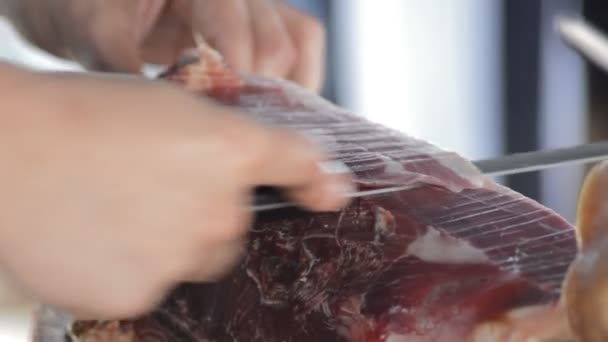 Snijd Spaans Serrano Ham Voedsel — Stockvideo
