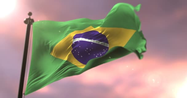 Vlag Van Brazilië Zwaaien Wind Het Langzaam Zonsondergang Lus — Stockvideo