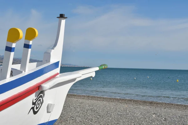 Traditional Mediterranean Boat Phoenician Eye Painted Shore — Stock Photo, Image