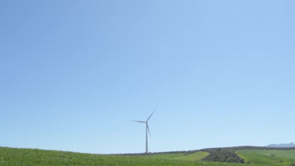 Windturbine Het Verplaatsen Van Messen Een Veld Een Zonnige Dag — Stockvideo