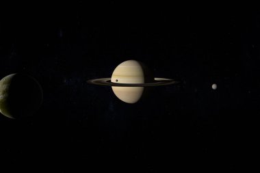Dione, Enceladus ve Mimas Satürn gezegeninin yörüngesinde. 3d hazırlayıcı