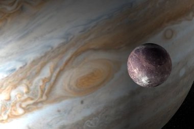 Jupiter planet and satellite Ganymede in the outer space. 3d render clipart