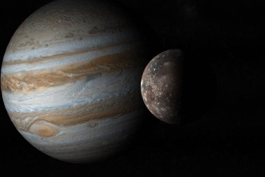 Jüpiter gezegeni ve dış uzayda Callisto uydusu. 3d hazırlayıcı