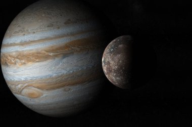 Jupiter planet and Callisto moon in the outer space. 3d render clipart