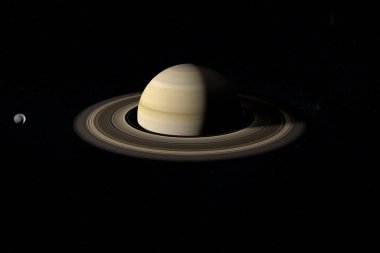 Mimas uydusu Satürn gezegeninin etrafında dönüyor. 3d hazırlayıcı