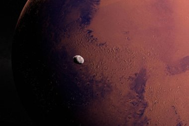 Satellite Phobos orbiting around Mars planet. 3d render clipart