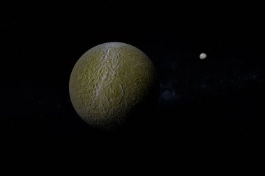 Uydu Rhea, Satürn 'ün uydusu, uydusu Iapetus ile uzayda yörüngede dönüyor.