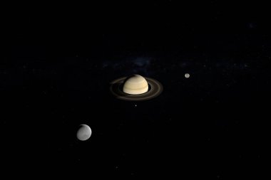 Tethys, Mimas ve Enceladus Satürn gezegeninin yörüngesinde. 3d hazırlayıcı