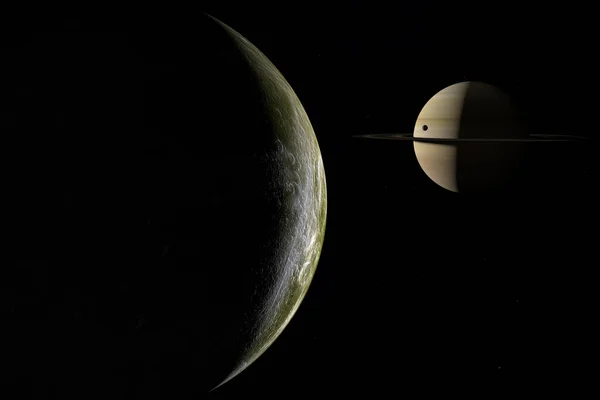Oración Por Satélite Con Mimas Saturno Planeta Render — Foto de Stock