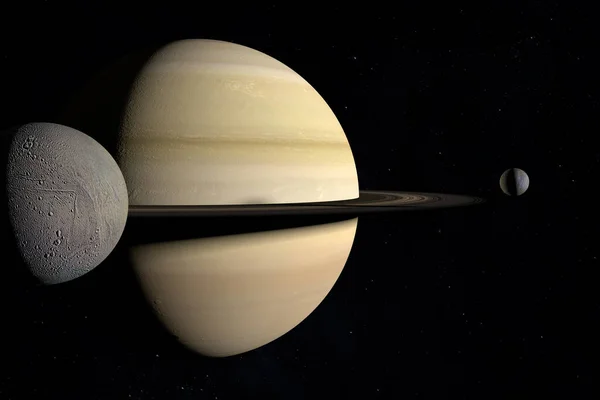 Enceladus Orbiting Saturn Planet Together Mimas Render – stockfoto