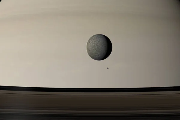 Epimetheus和Rhea围绕土星公转 3D渲染 — 图库照片