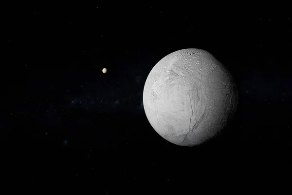 Enceladus uydusu, Satürn 'ün uydusu, uzayda dönüyor. 3d hazırlayıcı