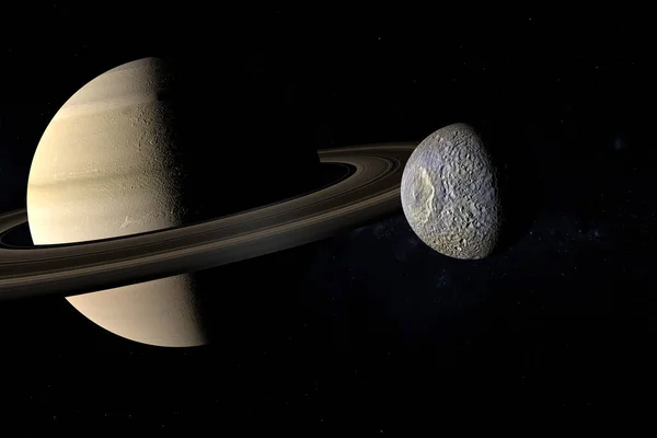 Satürn gezegeninin yörüngesinde dönen Mimalar uydusu. 3d hazırlayıcı