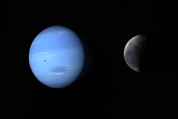 Triton和Proteus围绕海王星公转3D渲染 — 图库照片