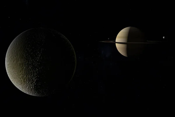 Рея Вращается Вокруг Планеты Сатурн Мимаса Тетис Заднем Плане Рендеринг — стоковое фото