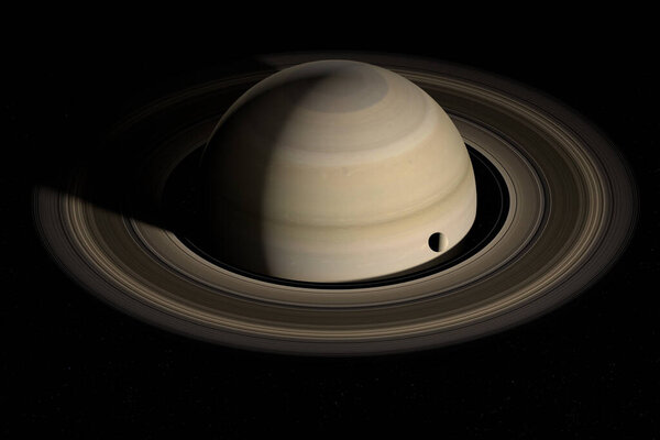 Moon orbiting around Saturn planet. 3d render