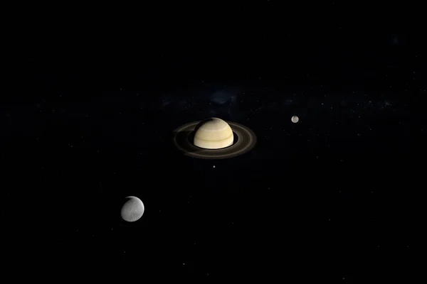 Тетис Мимас Энцелад Вращаются Вокруг Планеты Сатурн Рендеринг — стоковое фото
