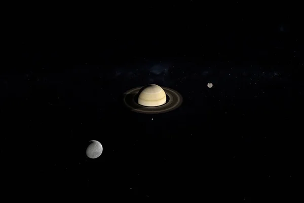 Tethys, Mimas ve Enceladus Satürn gezegeninin yörüngesinde. 3d hazırlayıcı