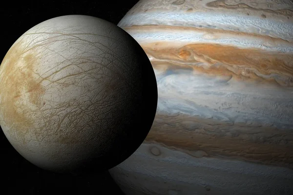 Europa Hold Jupiter Bolygó Világűrben Renderelés Jogdíjmentes Stock Fotók