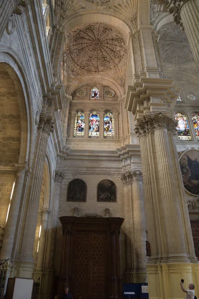 スペイン マラガ大聖堂の大きな柱 ボールトとステンドグラスの窓 — ストック写真
