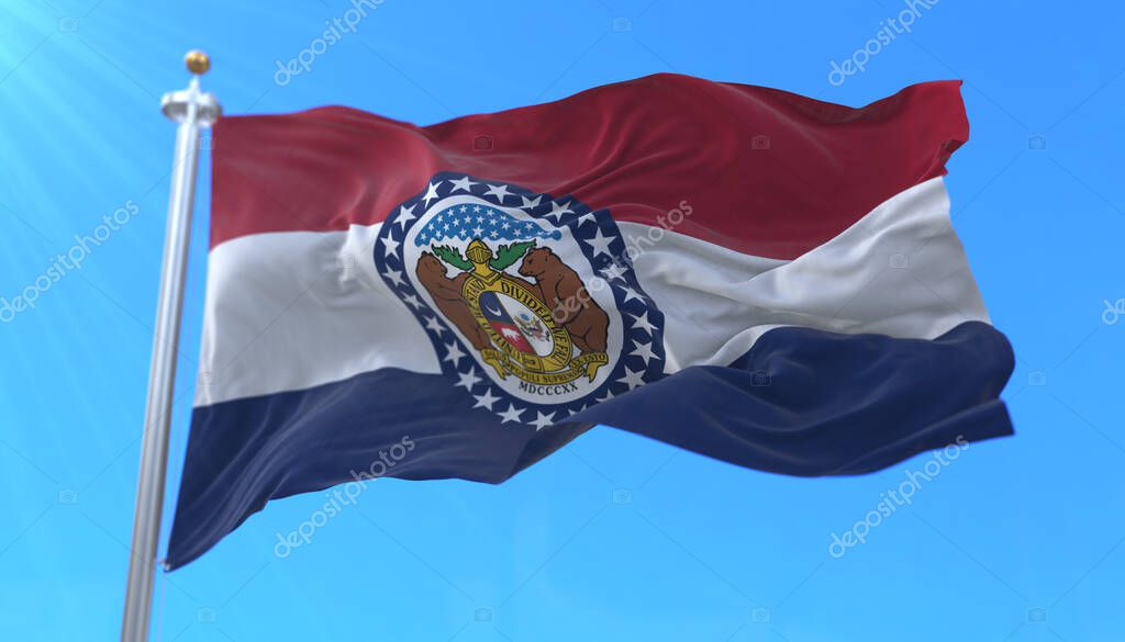 Flag of american state of Missouri, region of the United States, waving at wind