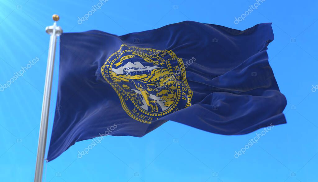 Flag of american state of Nebraska, region of the United States, waving at wind