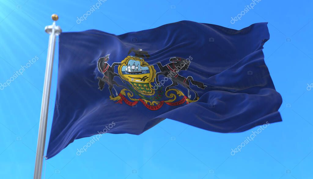 Flag of american state of Pennsylvania, region of the United States, waving at wind