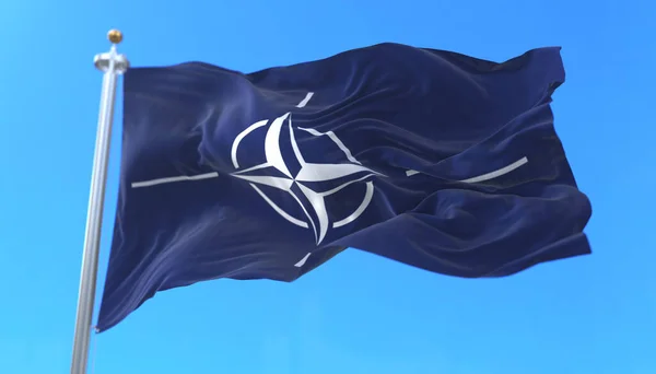 Nato Flagge Weht Wind Langsamem Blauem Himmel — Stockfoto