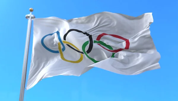 Olympiska Flaggan Vinkar Med Blå Himmel — Stockfoto
