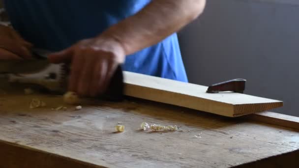 Luthier Lixando Bloco Madeira Local Trabalho — Vídeo de Stock