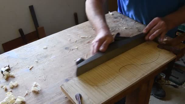 Luthier Che Lavora Nuovo Violino Viola Con Una Pialla Legno — Video Stock