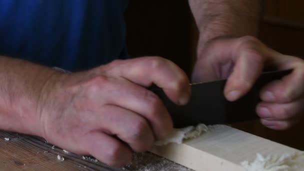 Luthier Schuren Van Een Houtblok Werkvloer — Stockvideo