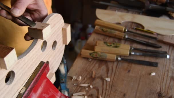 Luthier Trabalhando Com Cinzel Novo Violino Viola — Vídeo de Stock