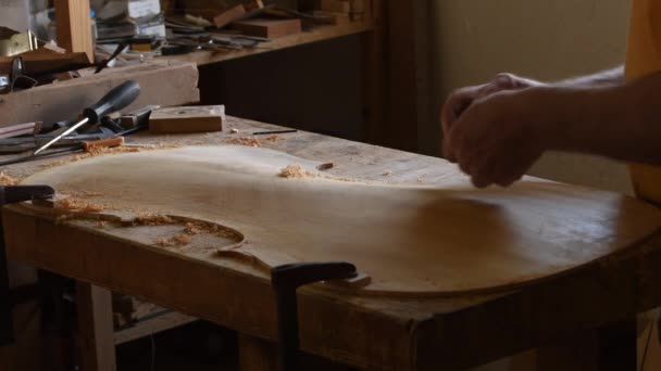 Luthier Fabrica Nuevo Violonchelo — Vídeo de stock