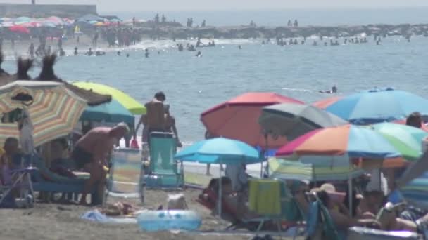 Plaj Insanlarla Şemsiyelerle Dolu Güneşli Bir Yaz Sabahı — Stok video