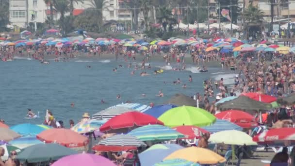 Παραλία Μεσογειακή Γεμάτη Από Ανθρώπους Και Ομπρέλες Μια Ηλιόλουστη Μέρα — Αρχείο Βίντεο