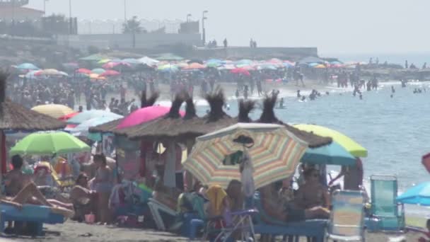 Volk Mensen Parasols Een Zomerse Zonnige Dag Het Strand — Stockvideo