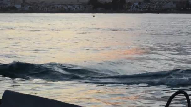 夕暮れ時に漁港から穏やかな海を走る波 — ストック動画