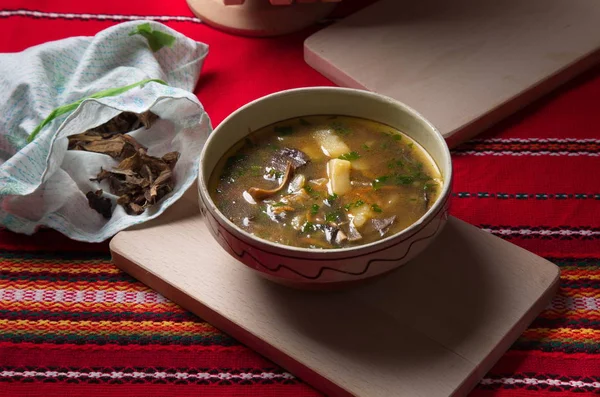 Plate of soup from dried white mushrooms. — Stock Image Plate of soup from dried white mushrooms. Royalty Free Stock Photos