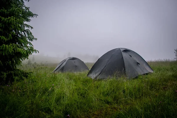 Zeltlager für Touristen im Regen in den Bergen. Ukrainischer Autoweg — Stockfoto