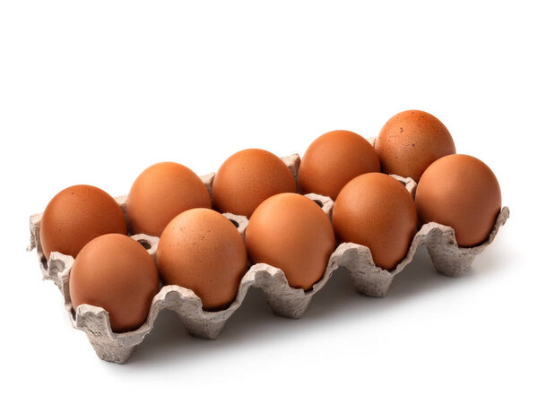 Brown fresh eggs in a paper tray. Large eggs 10 pieces on a white background with a shadow.