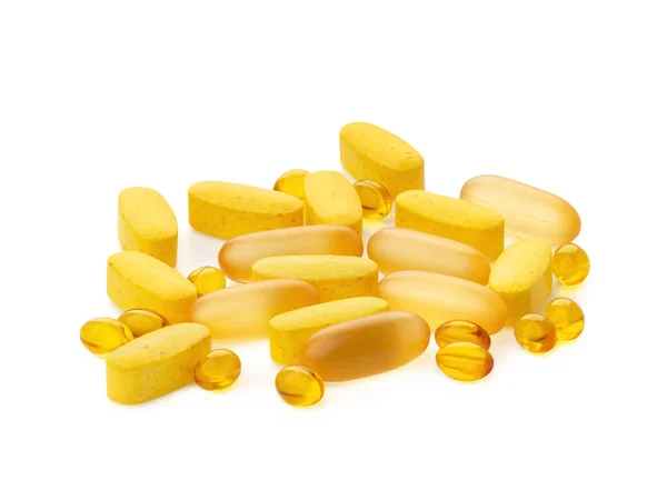 Желтые Витамины Таблетки Белом Фоне Вырезка Витамины Омега Кальций Магний — стоковое фото
