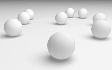 Beyaz soyut arka plan. Beyaz toplar beyaz arka planda izole edilmiş. 3B illüstrasyon