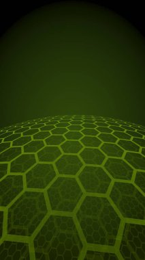 Bal peteklerinin çok katmanlı küresi, koyu arkaplanda sarı, sosyal ağ, bilgisayar ağı, teknoloji, küresel ağ. 3B illüstrasyon